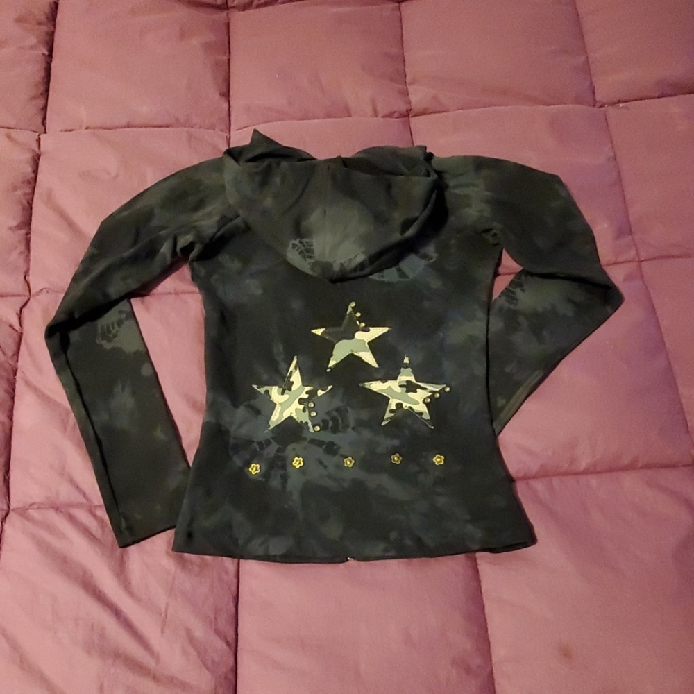 Margarita Black Batik Zip Hoodie w Green Camo Appliqué Stars & Rhinestones S/M
